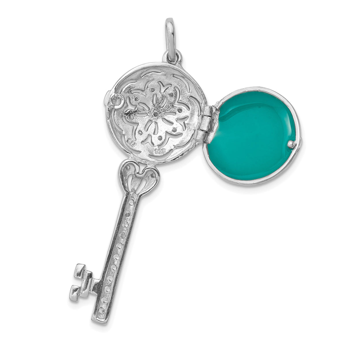 Sterling Silver Key Pendant with Cubic Zirconia, Floral Filigree, Vintage Romantic Style
