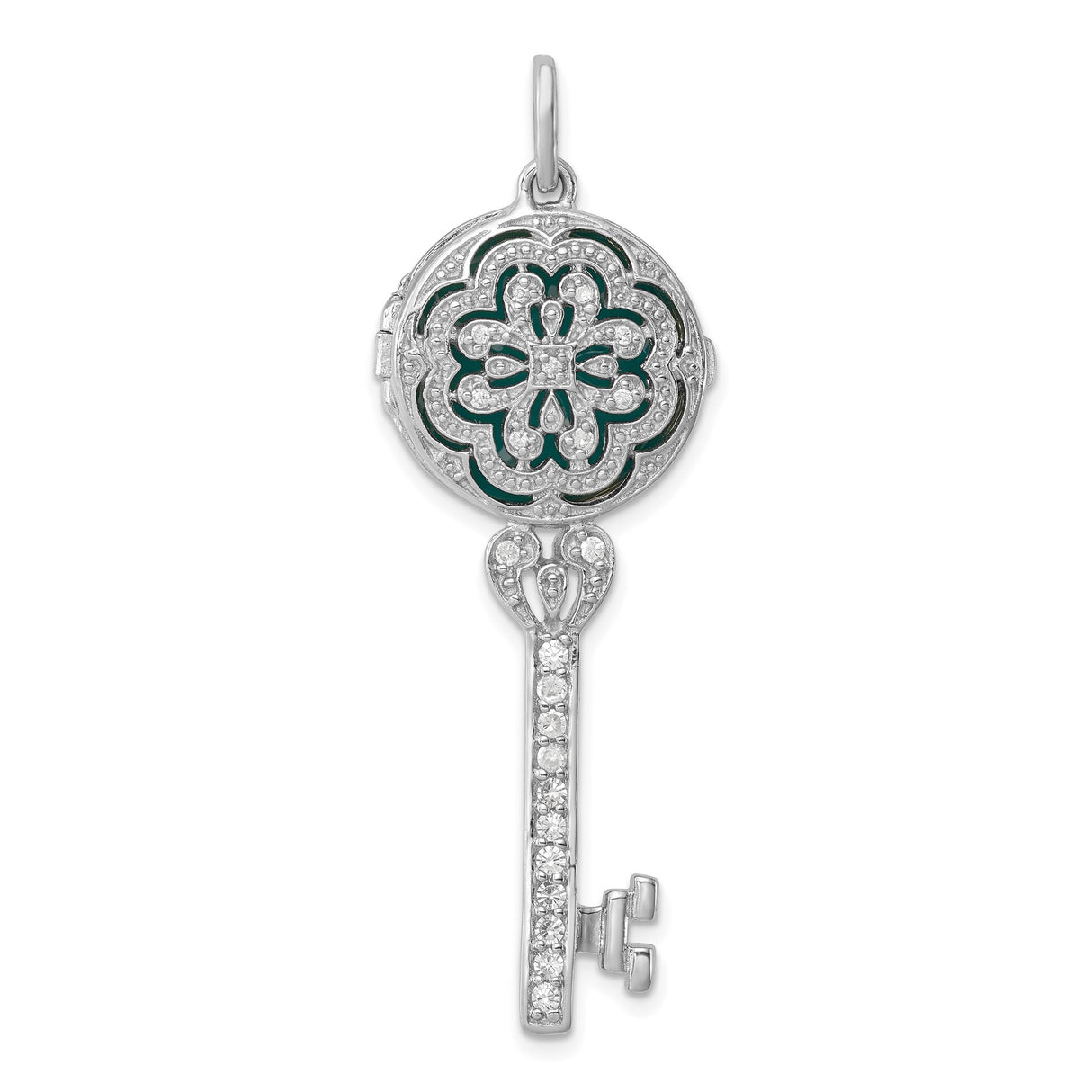 Sterling Silver Key Pendant with Cubic Zirconia, Floral Filigree, Vintage Romantic Style