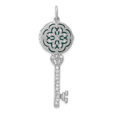 Sterling Silver Key Pendant with Cubic Zirconia, Floral Filigree, Vintage Romantic Style