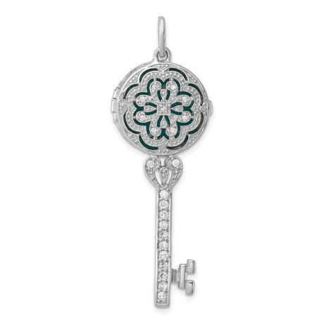 Sterling Silver Key Pendant with Cubic Zirconia, Floral Filigree, Vintage Romantic Style