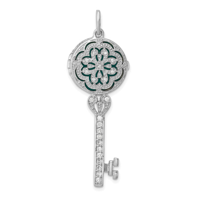 Sterling Silver Key Pendant with Cubic Zirconia, Floral Filigree, Vintage Romantic Style