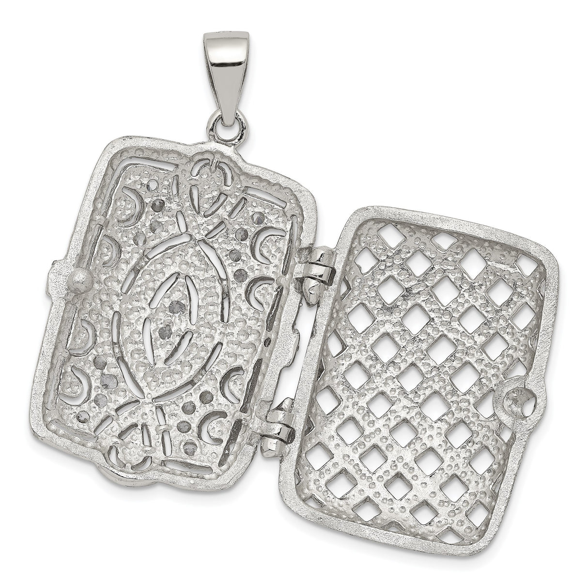 Sterling Silver Locket Pendant with Cubic Zirconia, Rectangular Vintage Scrollwork Design