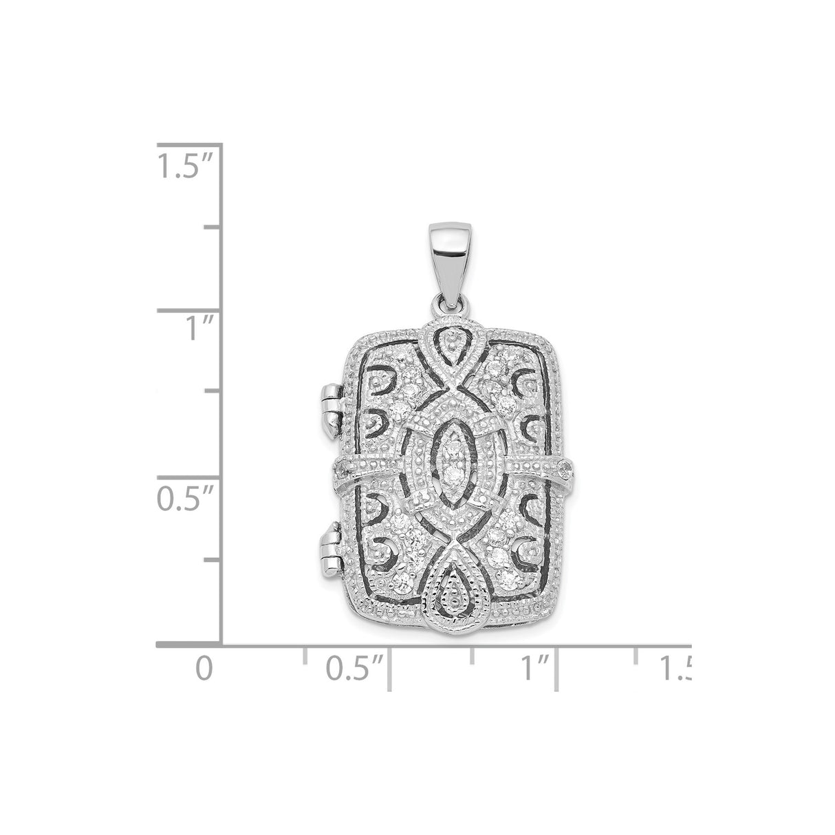 Sterling Silver Locket Pendant with Cubic Zirconia, Rectangular Vintage Scrollwork Design