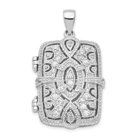 Sterling Silver Locket Pendant with Cubic Zirconia, Rectangular Vintage Scrollwork Design