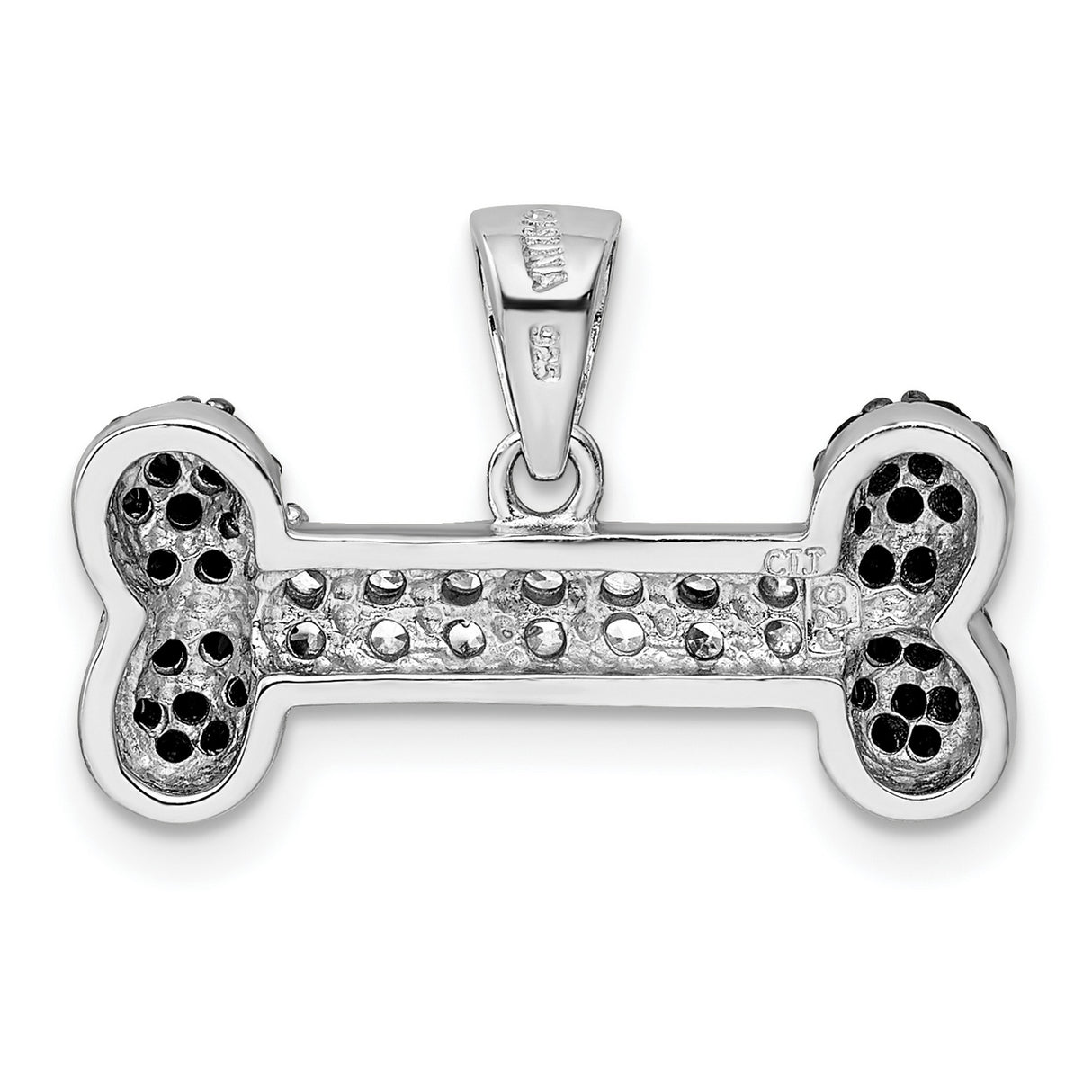 Sterling Silver Pendant with Black and White Cubic Zirconia, Dog Bone Pet Lover Charm
