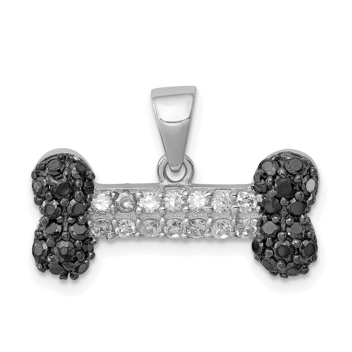 Sterling Silver Pendant with Black and White Cubic Zirconia, Dog Bone Pet Lover Charm