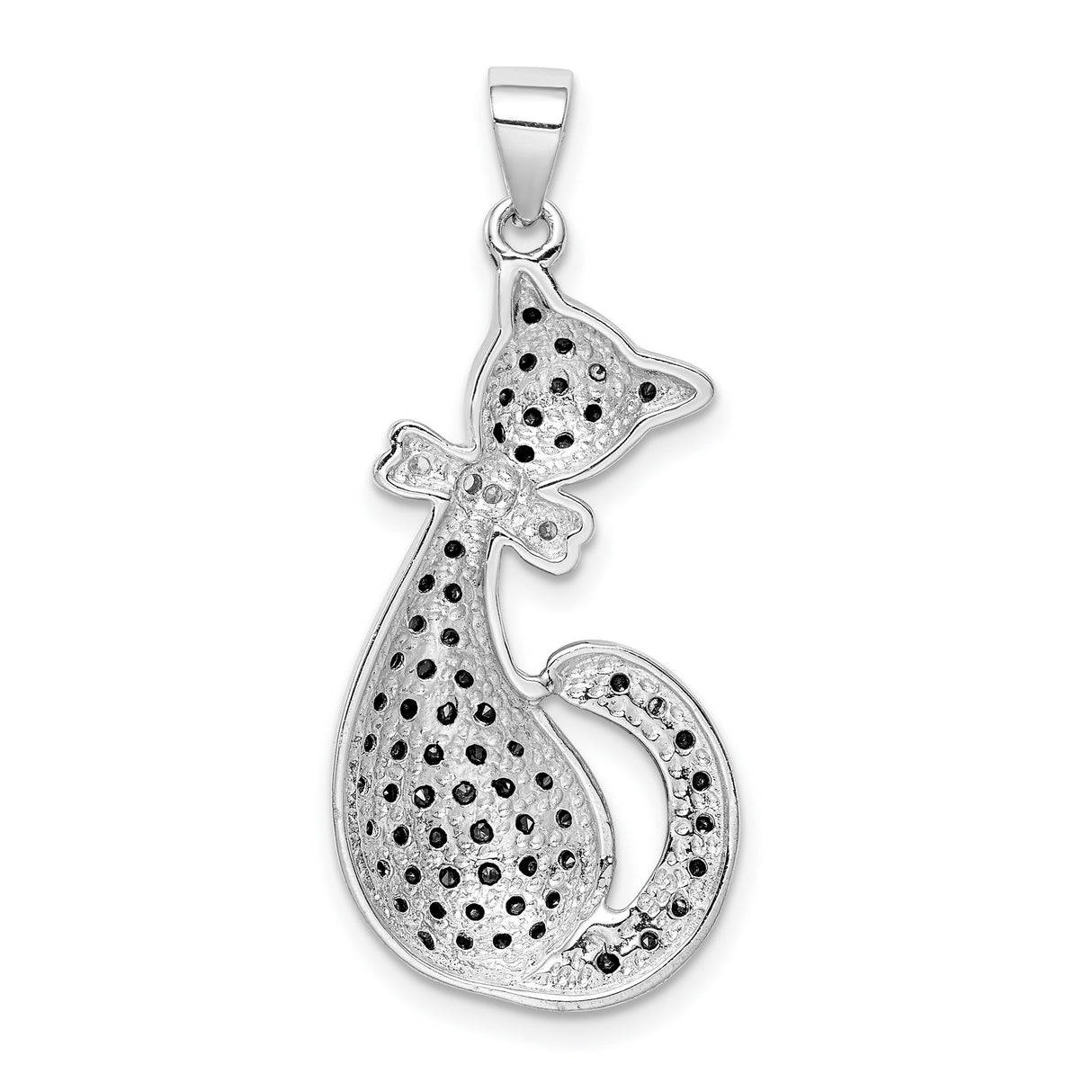 Black and White CZ Cat with Bow Charm Pendant in Real 925 Sterling Silver