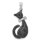 Black and White CZ Cat with Bow Charm Pendant in Real 925 Sterling Silver