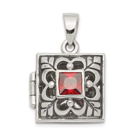 Sterling Silver Locket Pendant with Garnet, Square Floral Filigree, Vintage Victorian Style