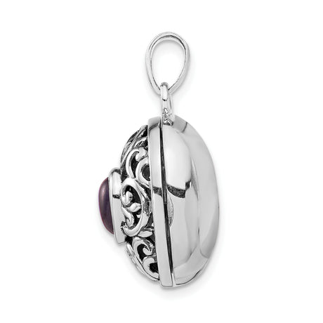 Sterling Silver Oval Locket Pendant with Amethyst, Vintage Filigree Scrollwork for Women