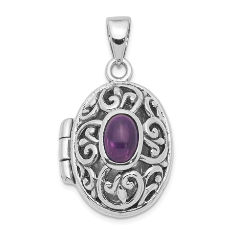 Sterling Silver Oval Locket Pendant with Amethyst, Vintage Filigree Scrollwork for Women