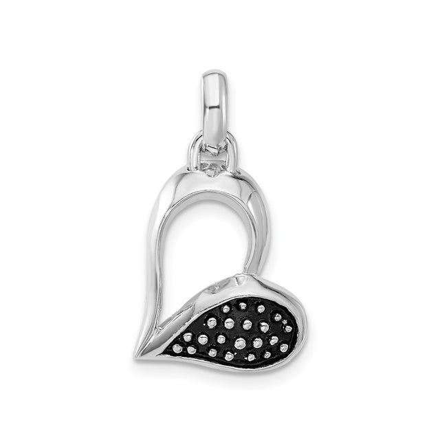 Sterling Silver Heart Pendant with Open Design, Black Accents, and Raised Dot Texture