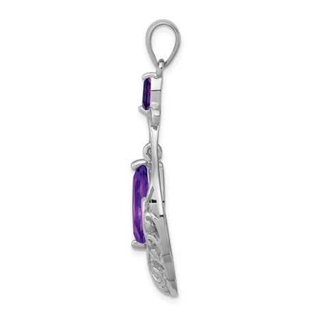 Sterling Silver Pendant with Marquise Cut Amethyst, Vintage Filigree and Fleur-de-Lis Design