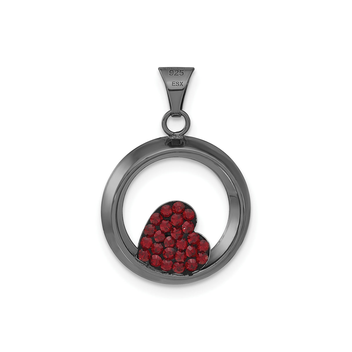Sterling Silver Heart Pendant with Red Crystal Accents and Black Plated Frame