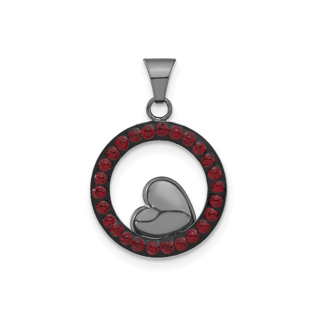 Sterling Silver Heart Pendant with Red Crystal Accents and Black Plated Frame