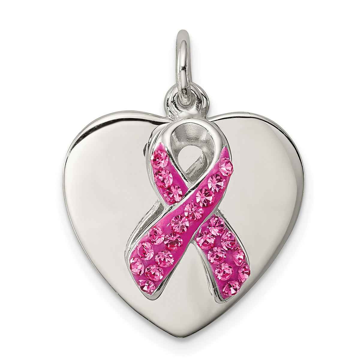 Sterling Silver Heart Pendant with Pink Crystal Ribbon, Breast Cancer Awareness Jewelry