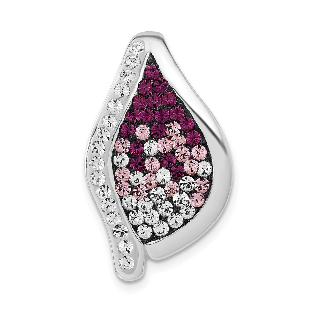 Sterling Silver Flame Pendant with Gradient White, Pink, and Purple Crystals, Abstract Symbolic Design