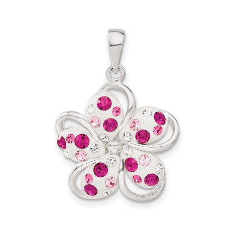 Sterling Silver Pendant with Pink Magenta Crystals, Floral Five Petal Flower Design for Women