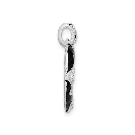 Sterling Silver Heart Pendant with Black Enamel, Filigree Scrollwork and Clear Crystals