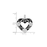 Sterling Silver Heart Pendant with Black Enamel, Filigree Scrollwork and Clear Crystals