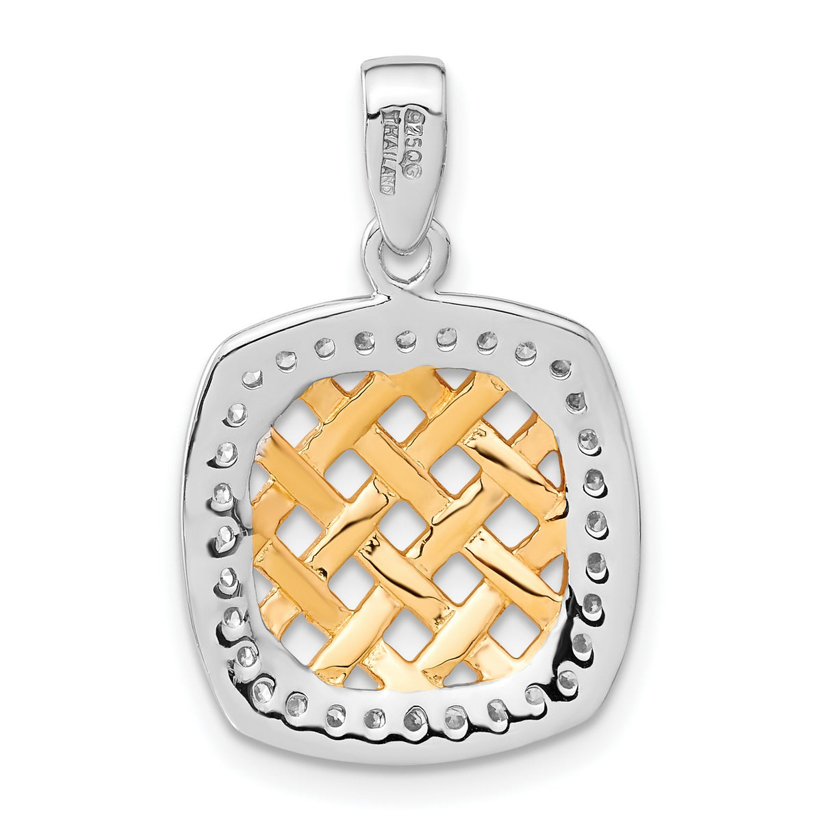 Sterling Silver and 14k Yellow Gold Square Pendant with Cubic Zirconia, Woven Lattice Design