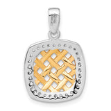 Sterling Silver and 14k Yellow Gold Square Pendant with Cubic Zirconia, Woven Lattice Design