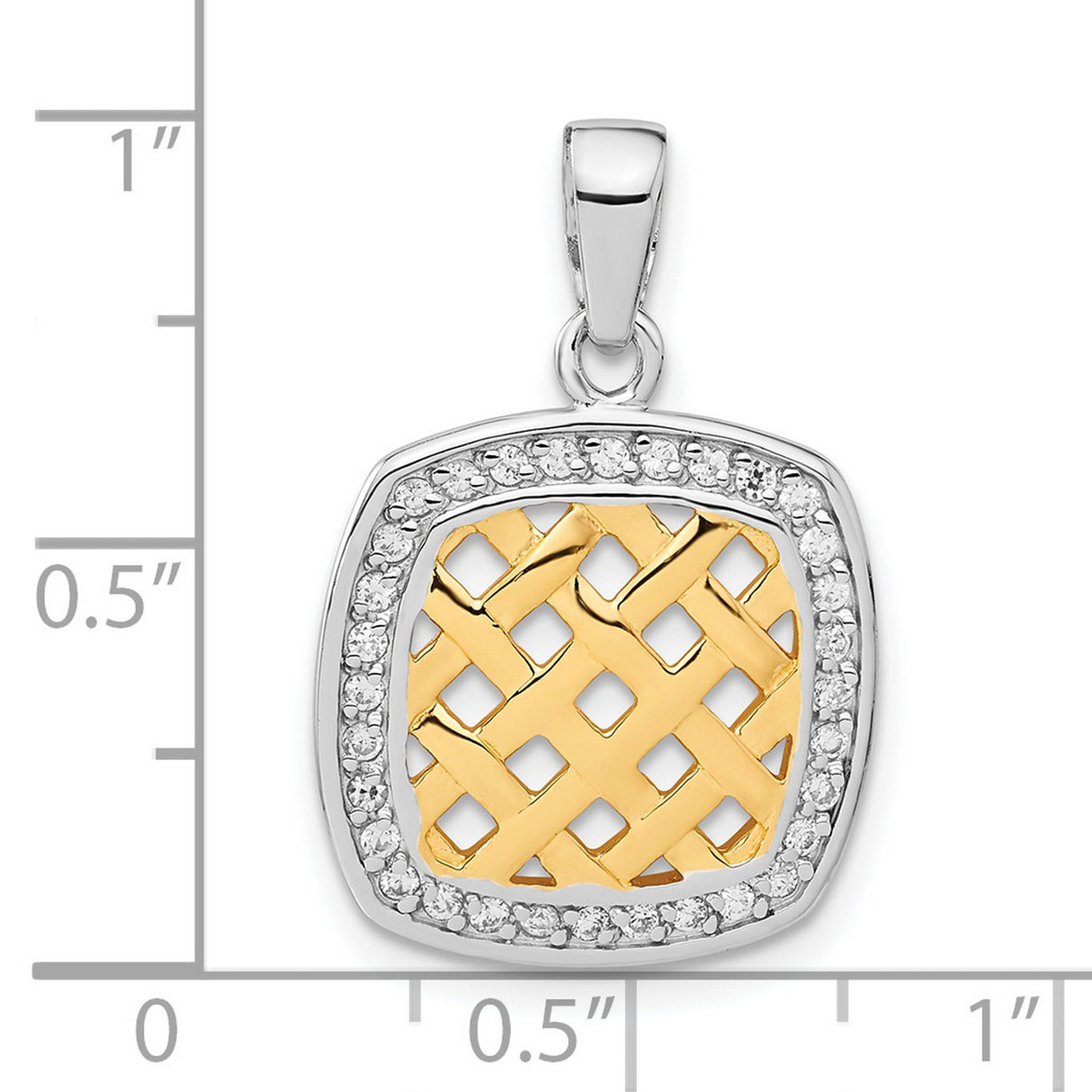 Sterling Silver and 14k Yellow Gold Square Pendant with Cubic Zirconia, Woven Lattice Design