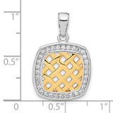 Sterling Silver and 14k Yellow Gold Square Pendant with Cubic Zirconia, Woven Lattice Design