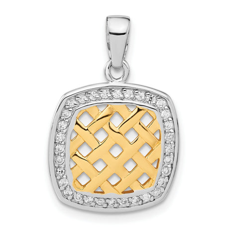Sterling Silver and 14k Yellow Gold Square Pendant with Cubic Zirconia, Woven Lattice Design
