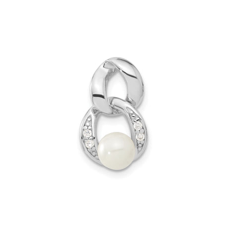 Sterling Silver Pendant with Simulated Pearl and Cubic Zirconia, Interlocking Loop Design