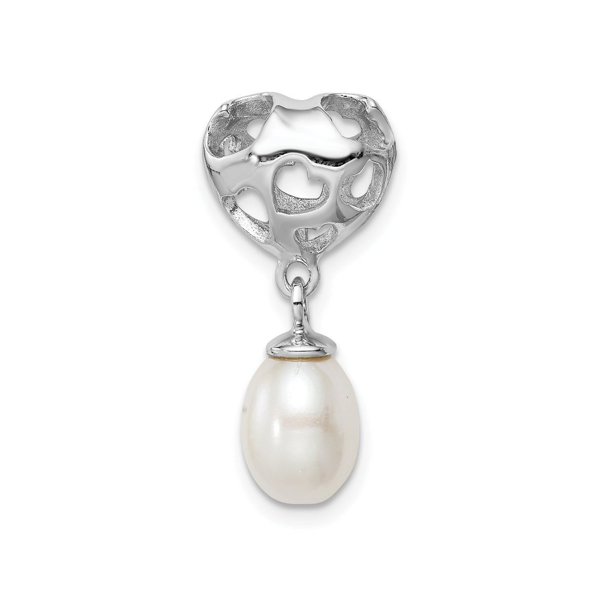Sterling Silver Charm Pendant with Cutout Heart Design and Dangling White Pearl