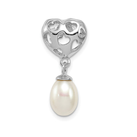 Sterling Silver Charm Pendant with Cutout Heart Design and Dangling White Pearl