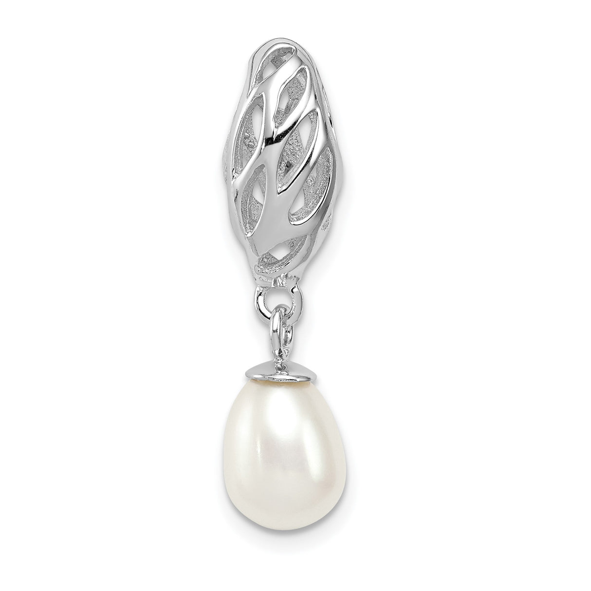Sterling Silver Pendant with White Pearl, Openwork Leaf Design, Classic Bridal Jewelry