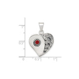 Sterling Silver Heart Pendant with Red Center Accent, Ornate Swirling Artistic Design