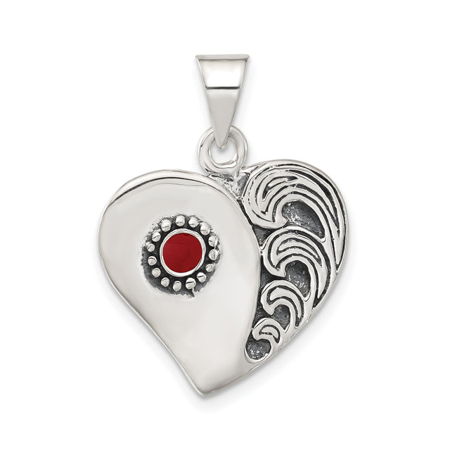Sterling Silver Heart Pendant with Red Center Accent, Ornate Swirling Artistic Design