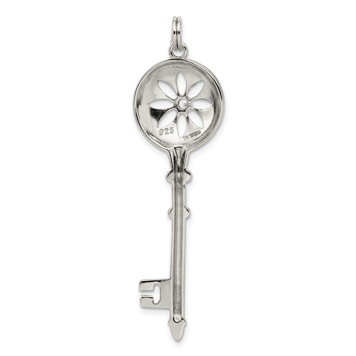 Sterling Silver Key Pendant with Cubic Zirconia, Floral Cutout Design, Inspirational Jewelry for Women