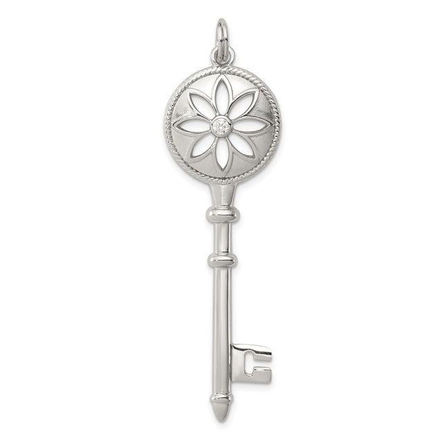 Sterling Silver Key Pendant with Cubic Zirconia, Floral Cutout Design, Inspirational Jewelry for Women