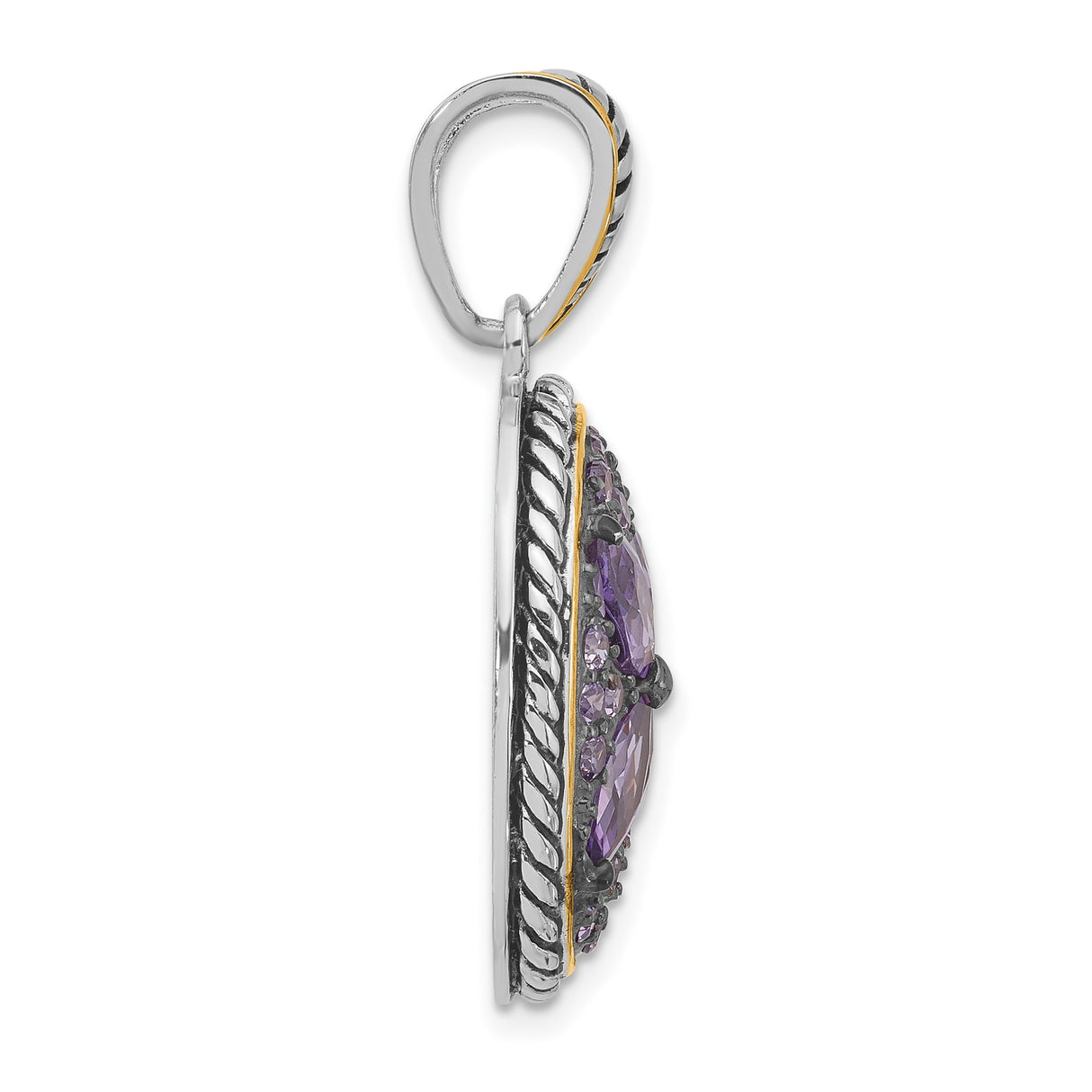 Sterling Silver Pendant with Cubic Zirconia, Floral Oval Design and Gold Tone Accents