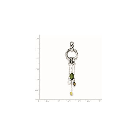 Sterling Silver Pendant with Cubic Zirconia, Twisted Rope Loop and Oval Olive Green Drop