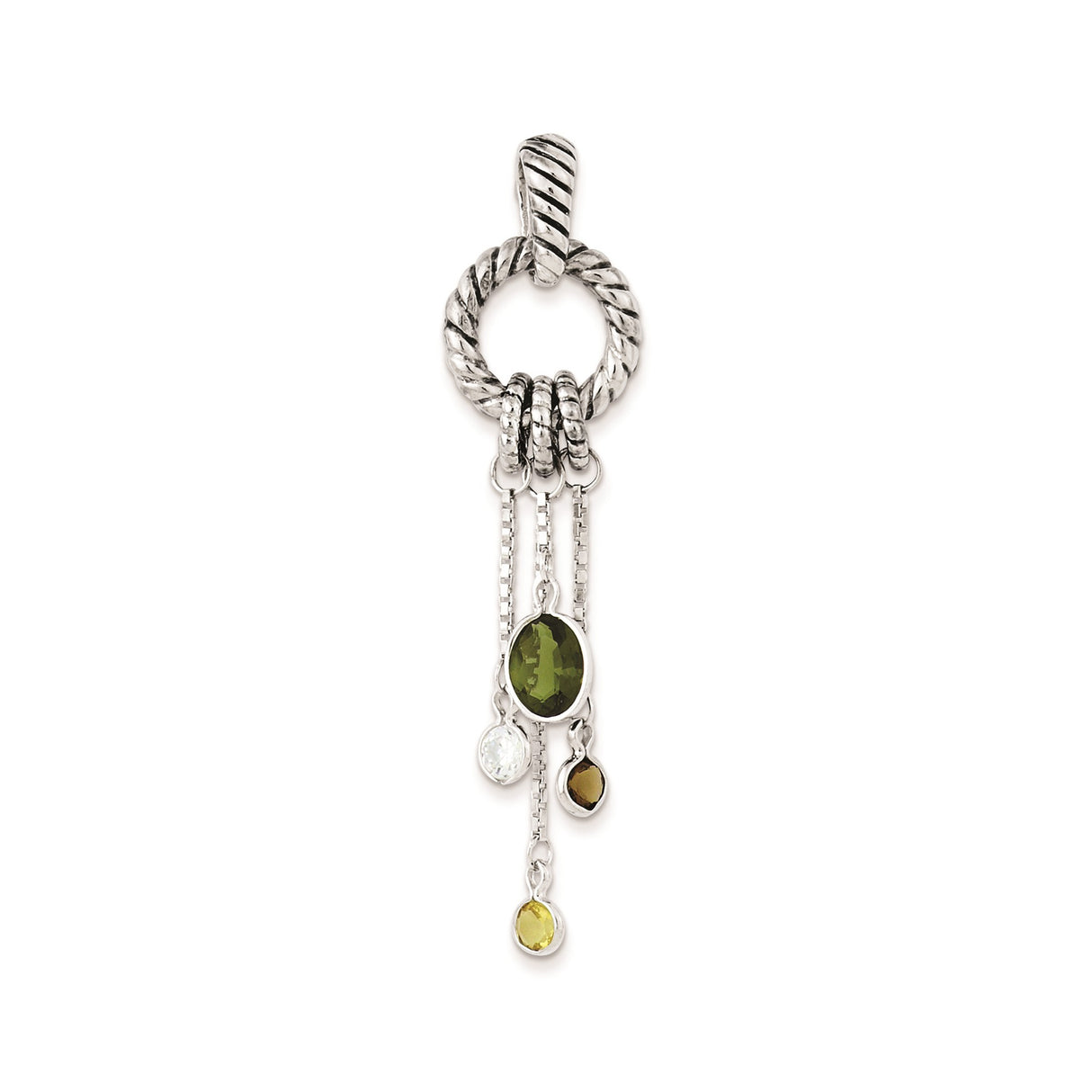 Sterling Silver Pendant with Cubic Zirconia, Twisted Rope Loop and Oval Olive Green Drop