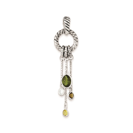 Sterling Silver Pendant with Cubic Zirconia, Twisted Rope Loop and Oval Olive Green Drop
