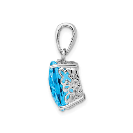Sterling Silver Pendant with Swiss Blue Topaz, Ornate Bail and Cross Engraving