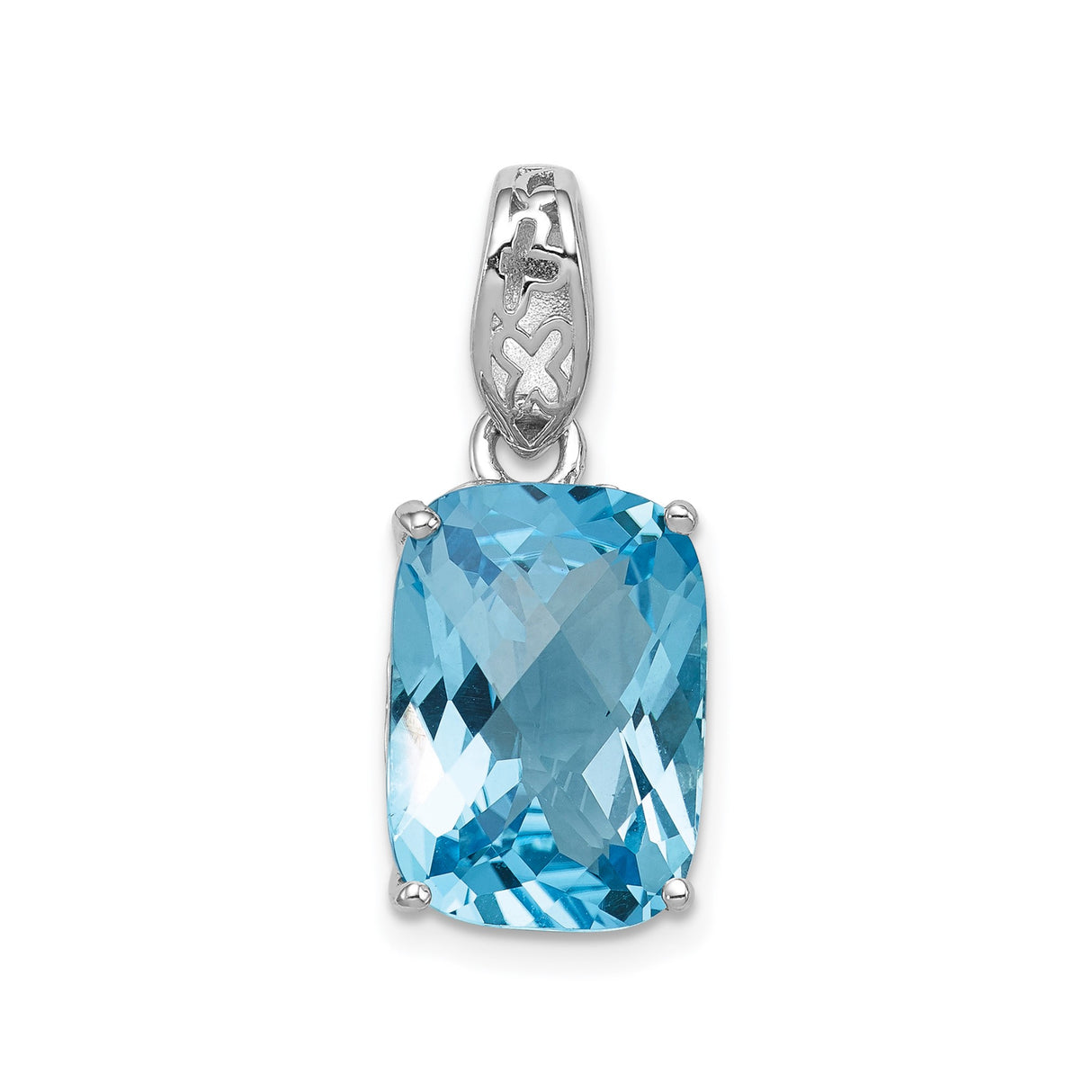 Sterling Silver Pendant with Swiss Blue Topaz, Ornate Bail and Cross Engraving