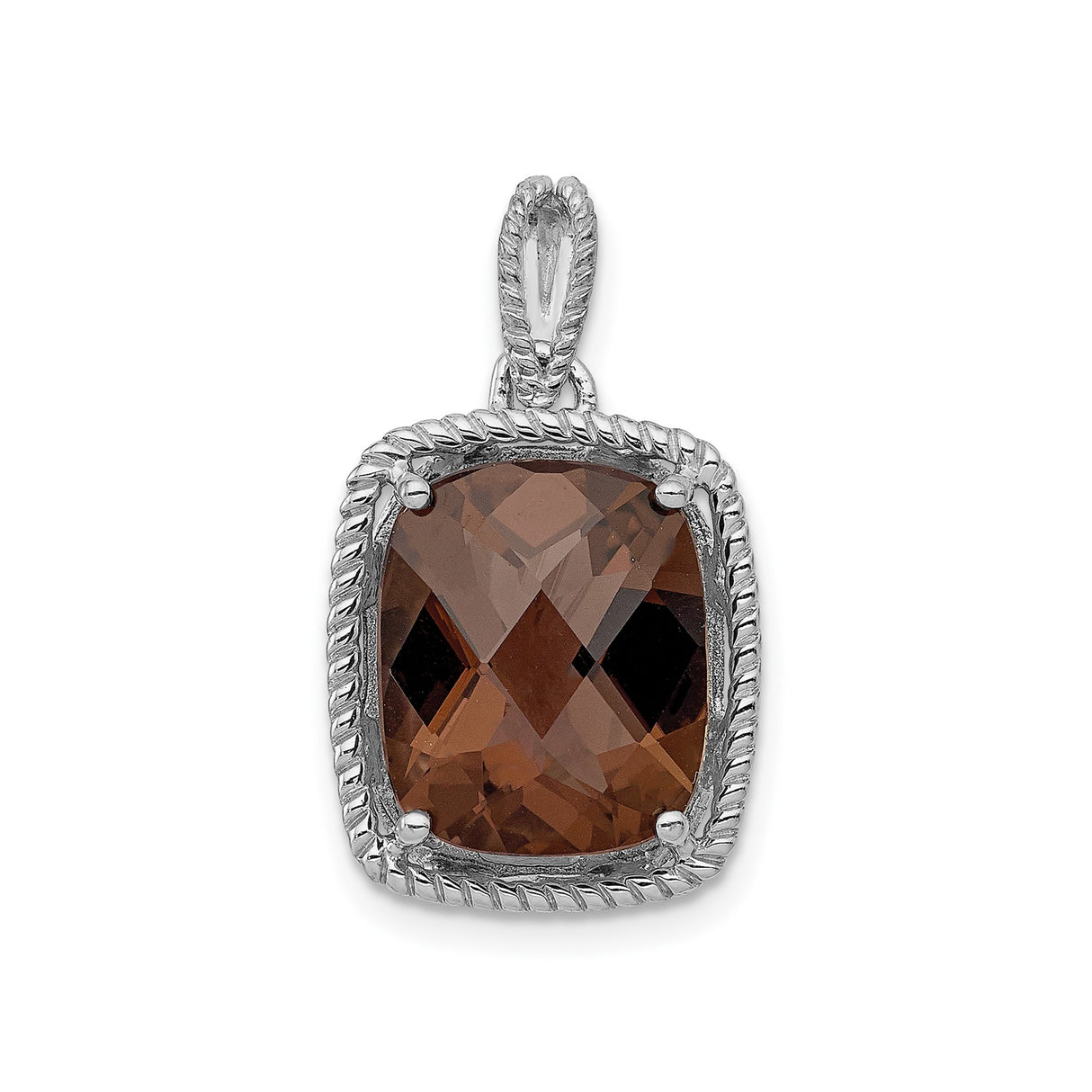 Sterling Silver Pendant with Cushion Cut Smoky Quartz, Rope Edge, Vintage Style