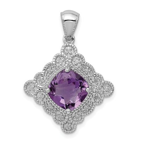 Sterling Silver Pendant with Cushion Cut Amethyst and Diamond, Vintage Filigree Style for Women