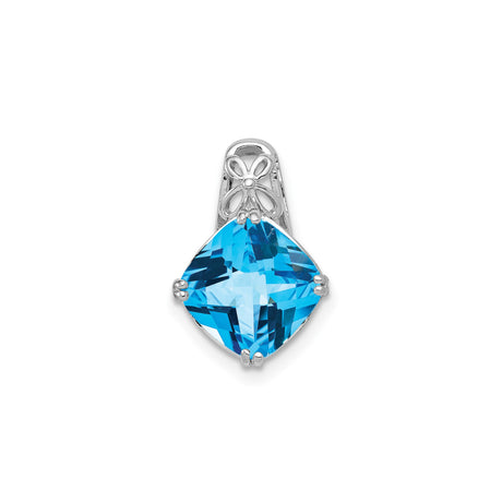Sterling Silver Floral Pendant with Cushion Cut Swiss Blue Topaz and Filigree Bail