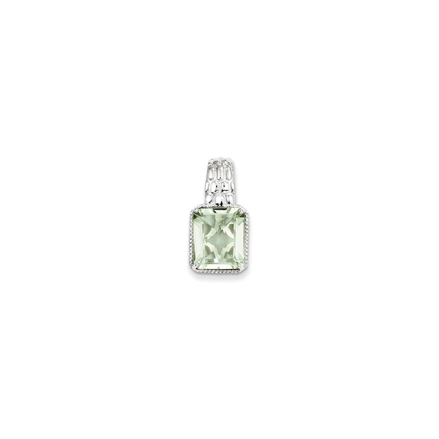 Sterling Silver Pendant with Faceted Prasiolite, Rectangular Charm, Modern Textured Bail