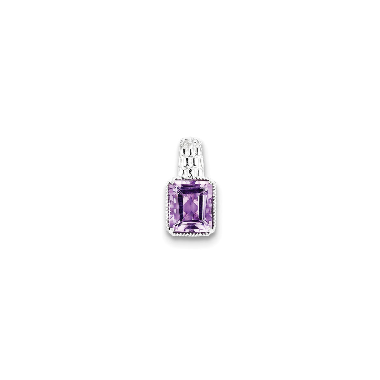 Sterling Silver Pendant with Emerald Cut Amethyst, Decorative Bezel Setting, February Birthstone