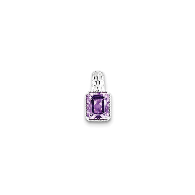 Sterling Silver Pendant with Emerald Cut Amethyst, Decorative Bezel Setting, February Birthstone