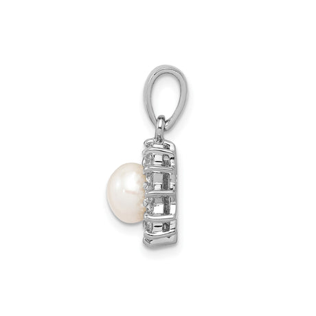 Sterling Silver Pendant with White Pearl and Cubic Zirconia Halo in Floral Sunburst Design